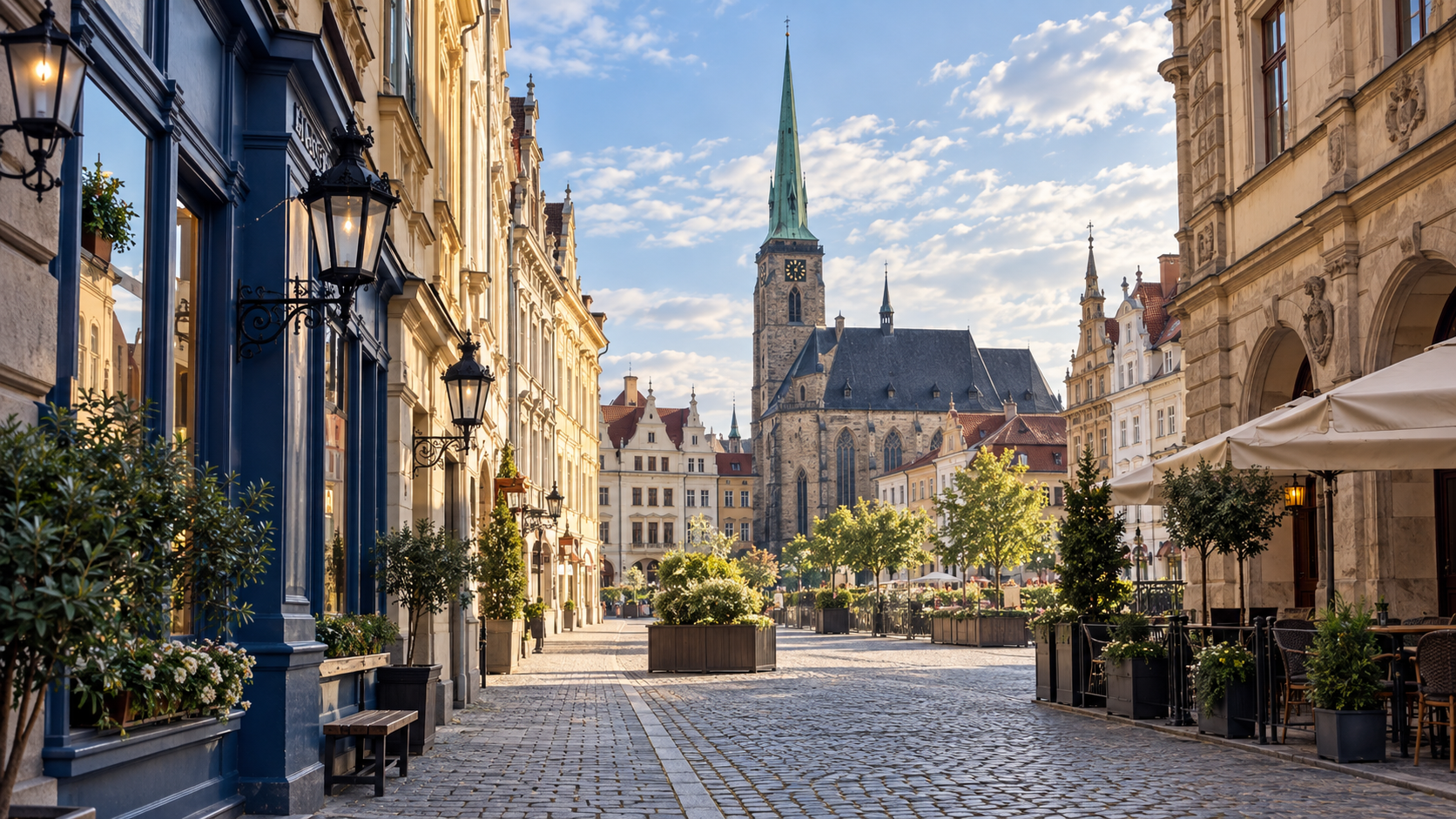 Ilustrační fotografie centra Plzně; nejde o fotografii adresy hostelu